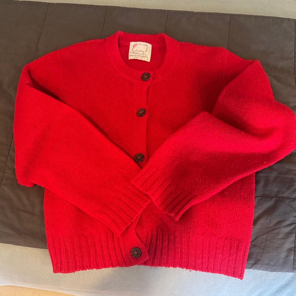Rowing Blazers red wool cardigan Sweater from their Sheep Collection